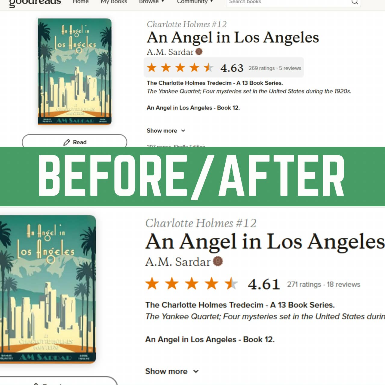 Goodreads book page before and after: An Angel in Los Angeles goes from 5 reviews to 18 reviews